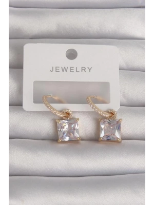 Pirinç Gold Renk Kare Zirkon Taşlı Halka Küpe