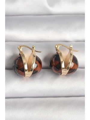 Pirinç Gold Renk Leopar Desen 3D Daire Model Kadın Küpe