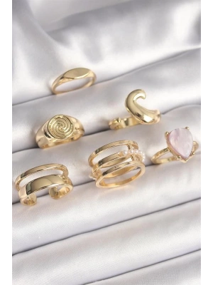 Pirinç Gold Renk Pembe Damla Mineli Sarmal İşleme Detaylı 6Lı Kadın Yüzük Seti