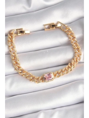Pirinç Gold Renk Pembe Kare Zirkon Taşlı VIP Seri Kadın Bileklik