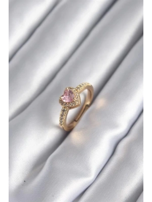 Pirinç Gold Renk Pembe Zirkon Taş Kalp Charm Model Kadın Yüzük