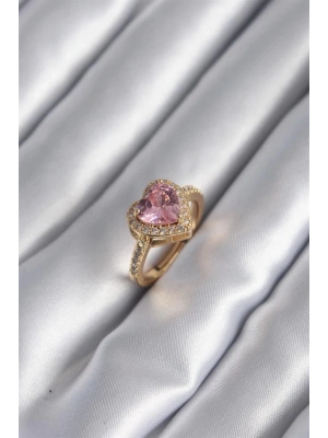 Pirinç Gold Renk Pembe Zirkon Taşlı Charm Kalp Model Kadın Yüzük