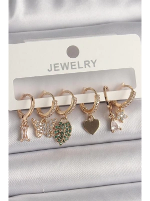 Pirinç Gold Renk Renkli Kelebek Figür Çoklu Figür Kadın Küpe Seti