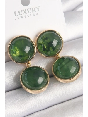 Pirinç Gold Renk Sallantı Yeşil Mineli Daire Model Kadın Küpe
