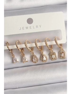 Pirinç Gold Renk Sallantı Zirkon Taşı Damla Model Kadın Küpe Seti