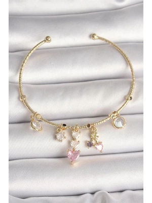 Pirinç Gold Renk Sallantı Zirkon Taşlı Kalp Figür Pembe Kalp Detay Charm Kadın Bileklik