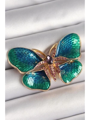 Pirinç Gold Renk Turquaz Model Zirkon Taş Detaylı Kelebek Model Kadın Broş