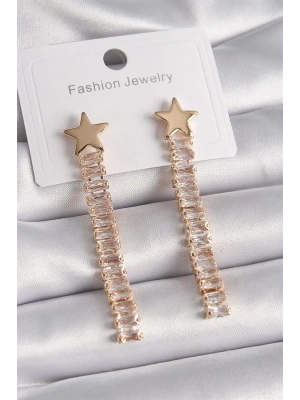 Pirinç Gold Renk Yıldız Model Su Yolu Zirkon Taşlı Kadın Küpe