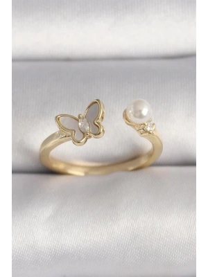 Pirinç Gold Renk Zirkon Taş Detaylı Beyaz Mineli Kelebek Model İnci Detay Ayarlanabilir Yüzük