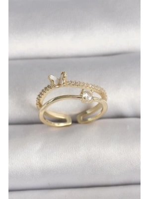 Pirinç Gold Renk Zirkon Taş Detaylı Kelebek Figür Ayarlanabilir Yüzük