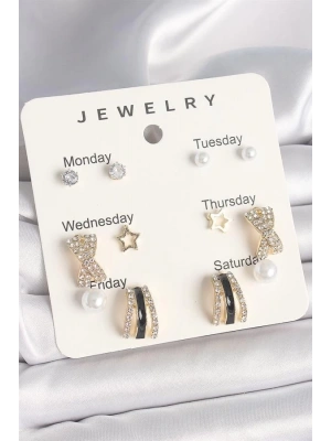 Pirinç Gold Renk Zirkon Taş Yıldız Detaylı İncili 7Li Set Kadın Küpe Seti