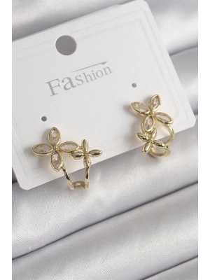 Pirinç Gold Renk Zirkon Taşlı 2Li Çiçek Model Kadın Küpe