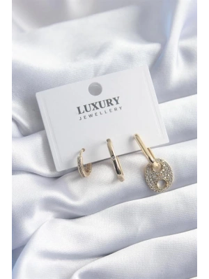 Pirinç Gold Renk Zirkon Taşlı 3lü Kadın Küpe Seti