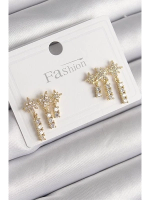 Pirinç Gold Renk Zirkon Taşlı 3Lü Sallantı Yıldız Model Kadın Küpe