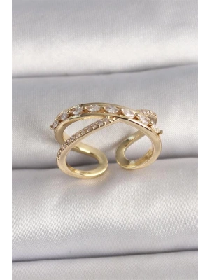 Pirinç Gold Renk Zirkon Taşlı Ayarlanabilir Kadın Yüzük