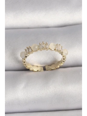Pirinç Gold Renk Zirkon Taşlı Beyaz Mineli Ayarlanabilir Yüzük