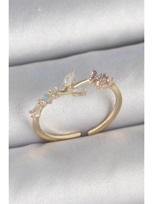 Pirinç Gold Renk Zirkon Taşlı Çiçek Model Ayarlanabilir Kadın Yüzük