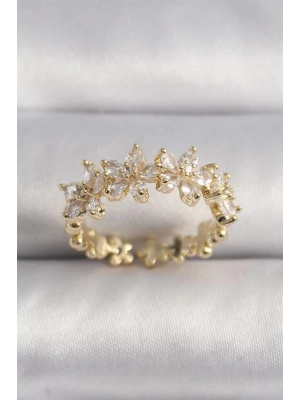 Pirinç Gold Renk Zirkon Taşlı Çiçek Model VIP Seri Kadın Yüzük