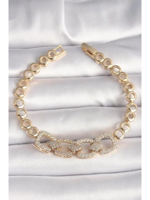 Pirinç Gold Renk Zirkon Taşlı Daire Zincir Model Kadın Bileklik