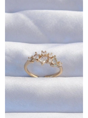 Pirinç Gold Renk Zirkon Taşlı Damla Detay Ayarlanabilir Yüzük