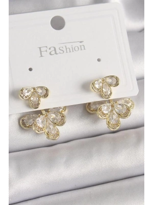 Pirinç Gold Renk Zirkon Taşlı Damla Model Kadın Küpe