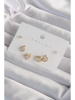 Pirinç Gold Renk Zirkon Taşlı Damla Model Küpe Seti