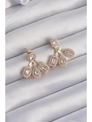Pirinç Gold Renk Zirkon Taşlı Geometrik Model Küpe