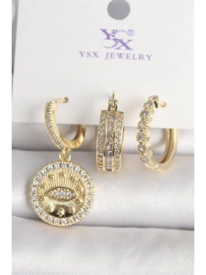 Pirinç Gold Renk Zirkon Taşlı Göz İşlemeli Model  3Lü Kadın Kombin Küpe