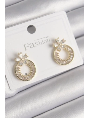 Pirinç Gold Renk Zirkon Taşlı Halka Model Çiçek Figür Kadın Küpe