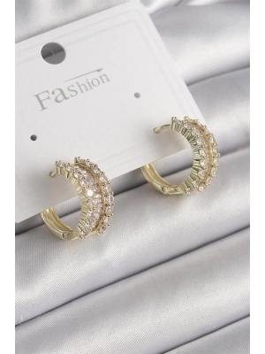 Pirinç Gold Renk Zirkon Taşlı Halka Model Kadın Küpe