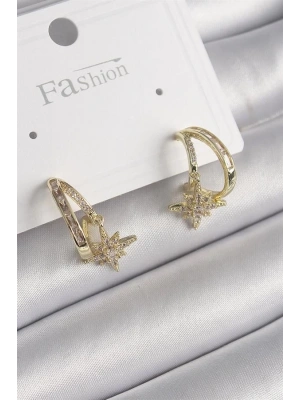 Pirinç Gold Renk Zirkon Taşlı Halka Model Yıldız Detay Kadın Küpe