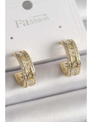 Pirinç Gold Renk Zirkon Taşlı İşleme Detay Halka Model Kadın Küpe