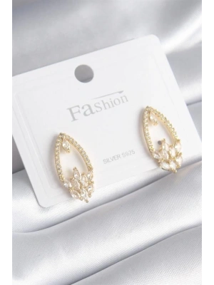 Pirinç Gold Renk Zirkon Taşlı Kadın Küpe