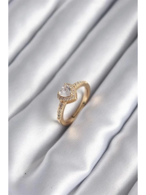 Pirinç Gold Renk Zirkon Taşlı Kalp Charm Model Kadın Yüzük