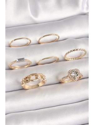 Pirinç Gold Renk Zirkon Taşlı Kalp Figür Düğüm Detay Kadın Yüzük Kombini