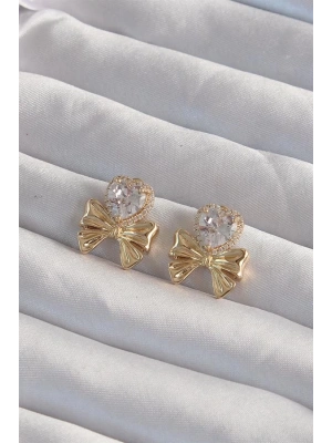 Pirinç Gold Renk Zirkon Taşlı Kalp Model Fiyonk Küpe