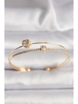 Pirinç Gold Renk Zirkon Taşlı Kalp Model Kadın Bileklik