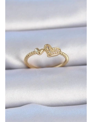 Pirinç Gold Renk Zirkon Taşlı Kalp Model Kadın Yüzük