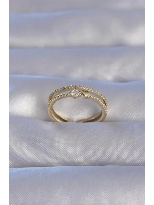 Pirinç Gold Renk Zirkon Taşlı Kalpli Su Yolu Model Ayarlanabilir Yüzük