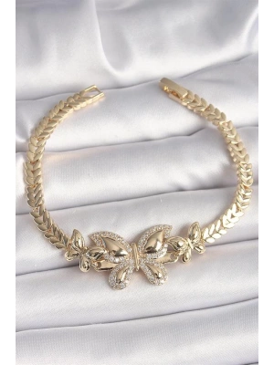 Pirinç Gold Renk Zirkon Taşlı Kelebek Model Kadın Bileklik