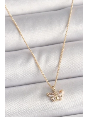 Pirinç Gold Renk Zirkon Taşlı Kelebek Model Kadın Kolye
