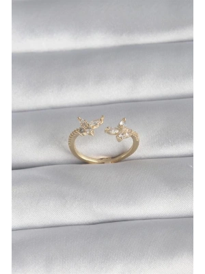 Pirinç Gold Renk Zirkon Taşlı Kelebek Model Kadın Yüzük