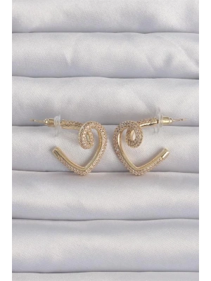 Pirinç Gold Renk Zirkon Taşlı Kıvrımlı Yarım Kalp Küpe