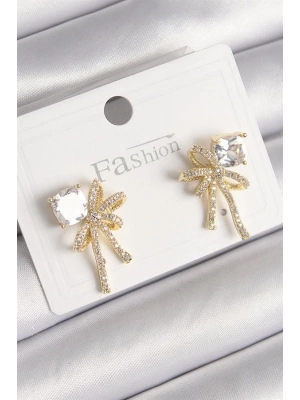 Pirinç Gold Renk Zirkon Taşlı Kurdele Model Kadın Küpe