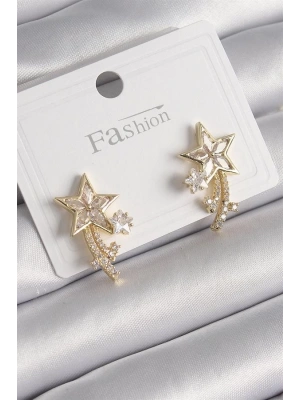 Pirinç Gold Renk Zirkon Taşlı Kuyruklu Yıldız Model Kadın Küpe