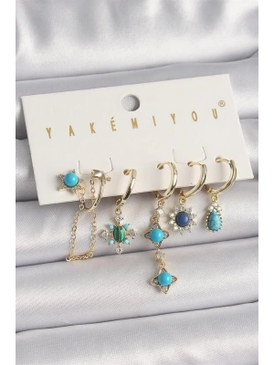 Pirinç Gold Renk Zirkon Taşlı Mavi Boncuklu Çiçek Model VIP Seri Kadın Küpe Kombini