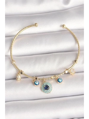 Pirinç Gold Renk Zirkon Taşlı Nazar Boncuk Detay Charm Kadın Bileklik
