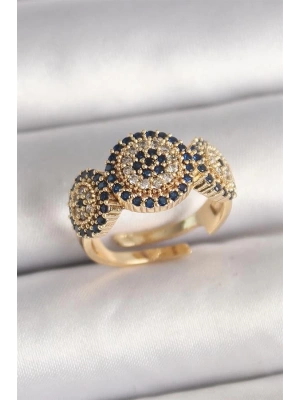 Pirinç Gold Renk Zirkon Taşlı Nazar Boncuk Model Ayarlanabilir Model Kadın Yüzük