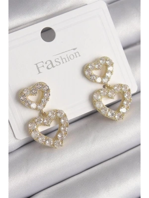 Pirinç Gold Renk Zirkon Taşlı Sallantı Kalp Model Kadın Küpe