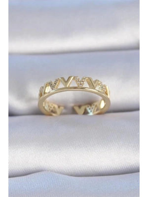 Pirinç Gold Renk Zirkon Taşlı V Model Kadın Yüzük